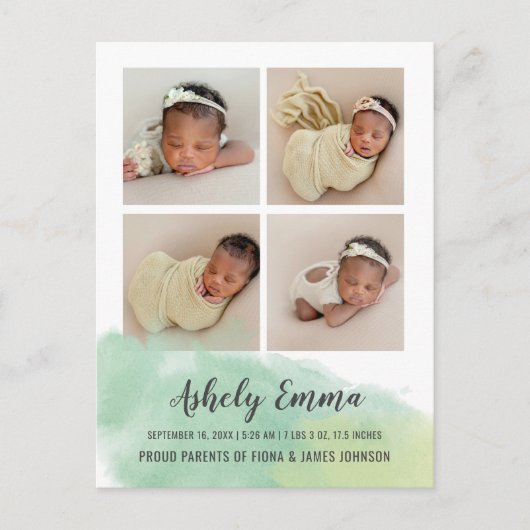 Elegant Green Waterverf Foto geboortebekendmaking Briefkaart (Voorkant)