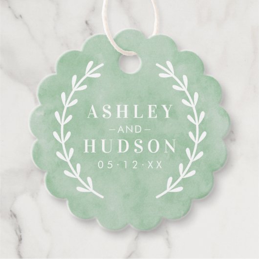 Elegant Green Waterverf Laurel Wedding Foto Bedankjes Labels (Voorkant)
