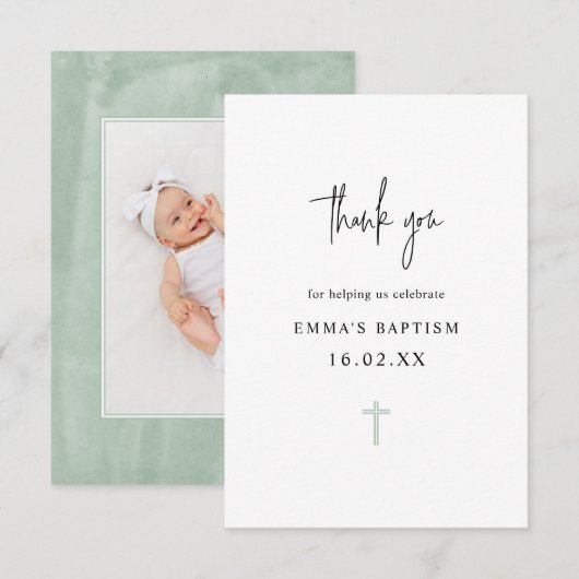 Elegant Green Waterverf Minimalist Photo Baptisme Bedankkaart (Voorkant / Achterkant)