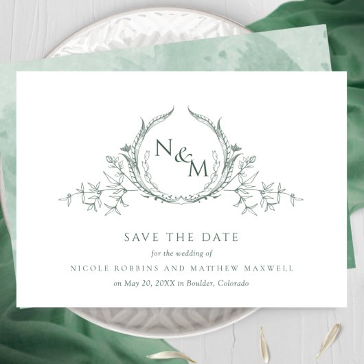 Elegant Green Waterverf Monogram Save The Date