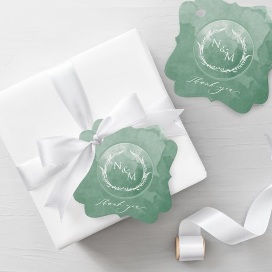 Elegant Green Waterverf Monogram Weddenschap Bedankjes Labels