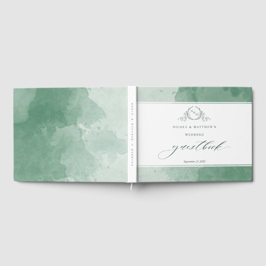 Elegant Green Waterverf Monogram Weddenschap Gastenboek (Volledig)