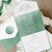 Elegant Green Waterverf Monogram Weddenschap over  All In One Uitnodiging