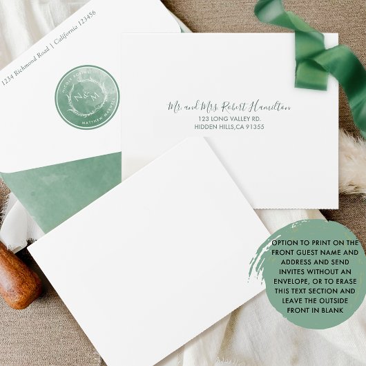 Elegant Green Waterverf Monogram Weddenschap over  All In One Uitnodiging