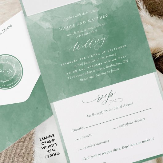 Elegant Green Waterverf Monogram Weddenschap over  All In One Uitnodiging