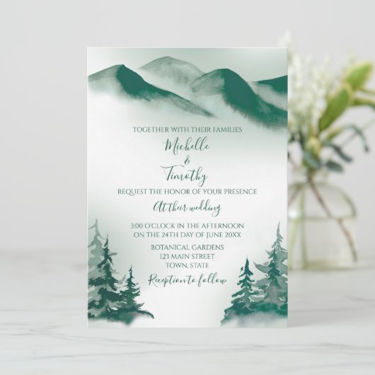 Elegant Green Waterverf Mountain Forest Rustic Aankondiging (Staand voorkant)