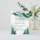 Elegant Green Waterverf Mountain Forest Rustic Aankondigingskaart (Staand voorkant)