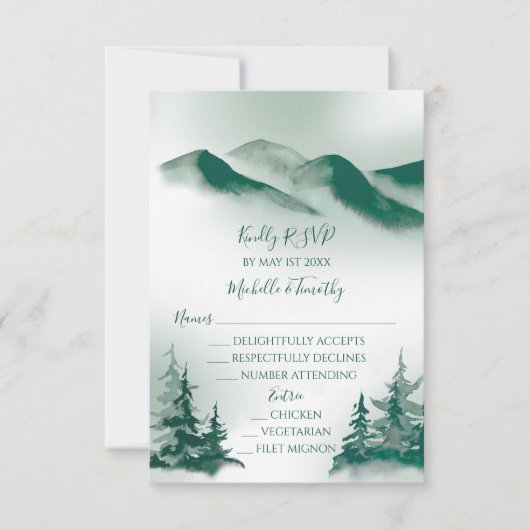 Elegant Green Waterverf Mountain Forest Rustic RSVP Kaartje (Voorkant)