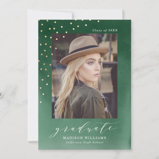 Elegant Green Waterverf Photo Afstuderen Aankondiging (Voorkant)