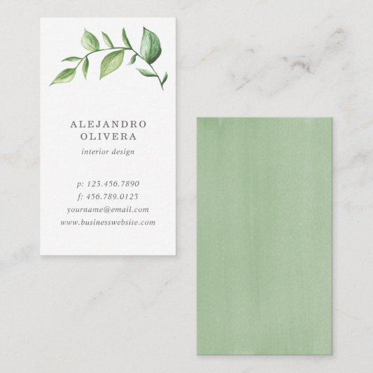 Elegant Green Waterverf Rustic Greenery Visitekaartje (Voorkant / Achterkant)
