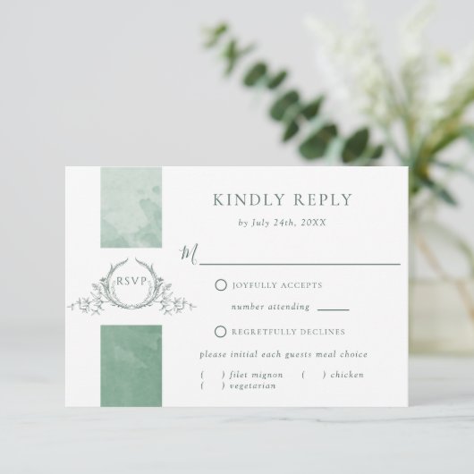 Elegant Green Waterverf Wedding Monogram RSVP (Staand voorkant)