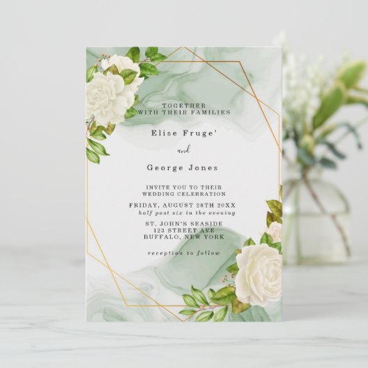 Elegant Green Waterverf White Florals Wedding Kaart (Staand voorkant)