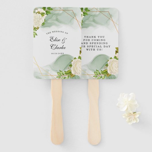 Elegant Green Waterverf White Roses Wedding Handwaaier (Voorkant en achterkant)