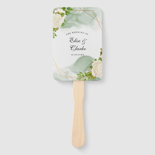Elegant Green Waterverf White Roses Wedding Handwaaier (Voorkant)