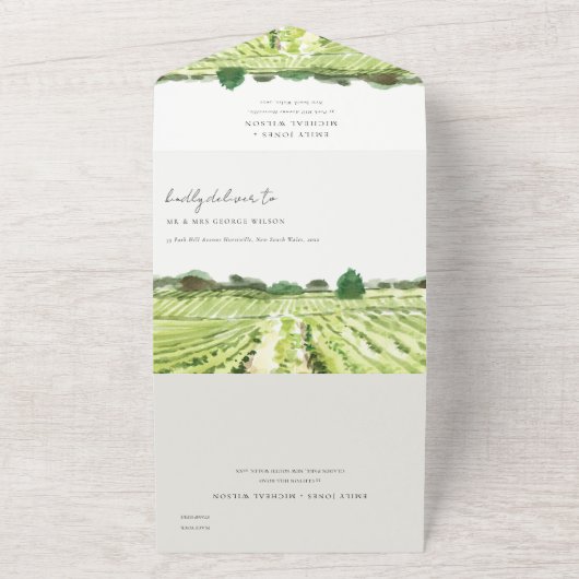 Elegant Green Waterverf Winery Vineyard Wedding All In One Uitnodiging (Buitenkant)