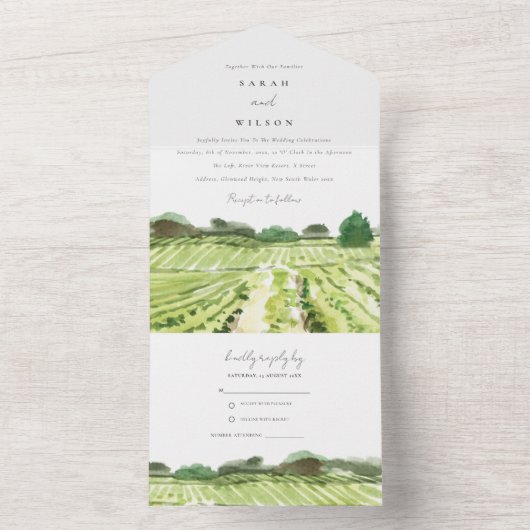 Elegant Green Waterverf Winery Vineyard Wedding All In One Uitnodiging (Binnen)
