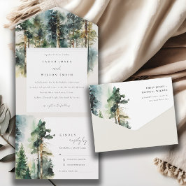 Elegant Green Waterverf Woodland Forest Wedding All In One Uitnodiging