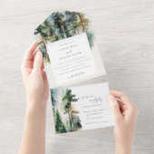 Elegant Green Waterverf Woodland Forest Wedding All In One Uitnodiging (Afscheurbaar)