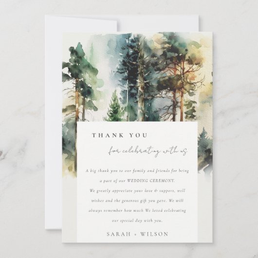 Elegant Green Waterverf Woodland Forest Wedding Bedankkaart (Voorkant)