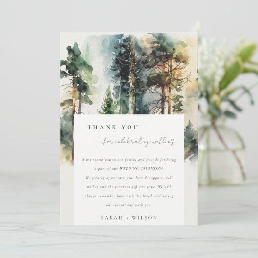 Elegant Green Waterverf Woodland Forest Wedding Bedankkaart (Staand voorkant)