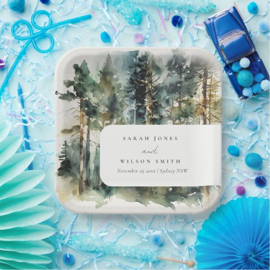 Elegant Green Waterverf Woodland Forest Wedding Papieren Bordje (Feest)