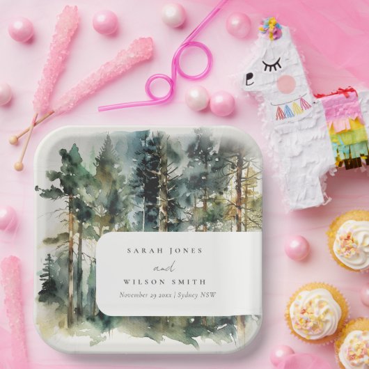 Elegant Green Waterverf Woodland Forest Wedding Papieren Bordje (Feest)