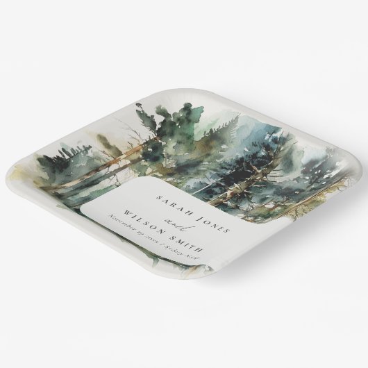 Elegant Green Waterverf Woodland Forest Wedding Papieren Bordje (Gebogen)