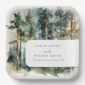 Elegant Green Waterverf Woodland Forest Wedding Papieren Bordje (Voorkant)