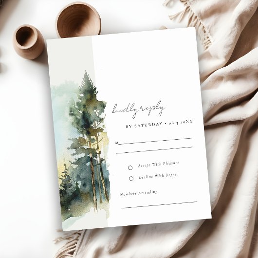 Elegant Green Waterverf Woodland Forest Wedding RSVP Kaartje