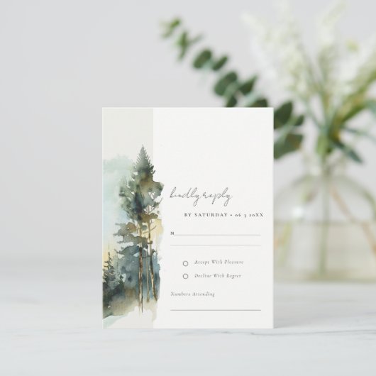 Elegant Green Waterverf Woodland Forest Wedding RSVP Kaartje (Staand voorkant)