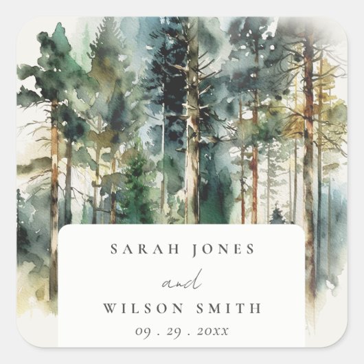Elegant Green Waterverf Woodland Forest Wedding Vierkante Sticker (Voorkant)