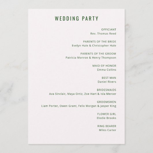 Elegant Green Wedding Ceremony Programmakaart (Achterkant)