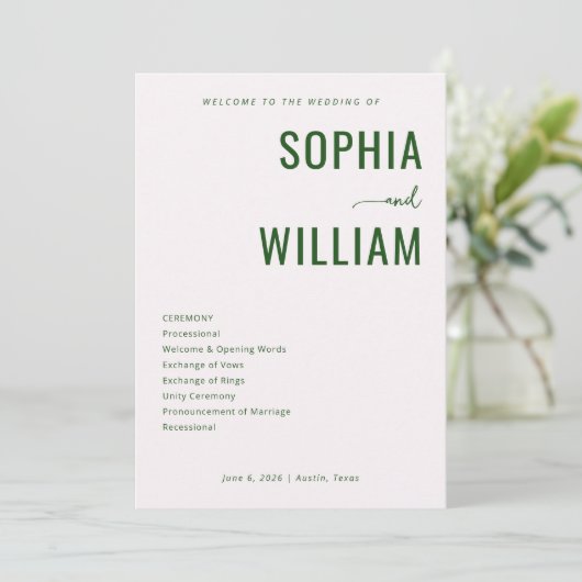 Elegant Green Wedding Ceremony Programmakaart (Staand voorkant)