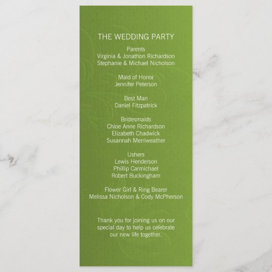 Elegant Green Wedding Programme Programmakaart (Achterkant)