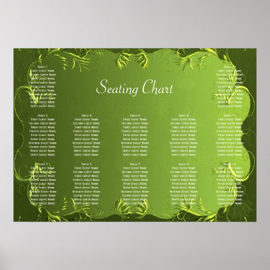 Elegant Green Wedding Reception Sezing Chart Poster (Voorkant)