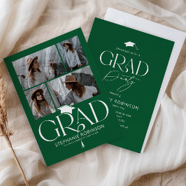 Elegant Green & White 4 Photo Graduation Party Kaart