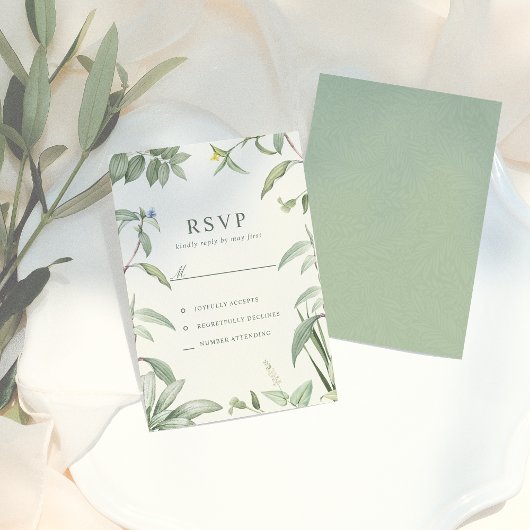 Elegant Green & White Botanical Leaves Wedding RSVP Kaartje