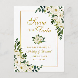 Elegant Green White Floral Gold Save the Date Aankondigingskaart