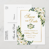 Elegant Green White Floral Gold Save the Date Aankondigingskaart (Voorkant / Achterkant)