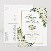 Elegant Green White Floral Save the Date Gold Aankondigingskaart (Voorkant / Achterkant)