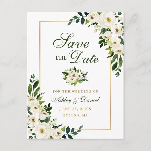 Elegant Green White Floral Save the Date Gold Aankondigingskaart (Voorkant)