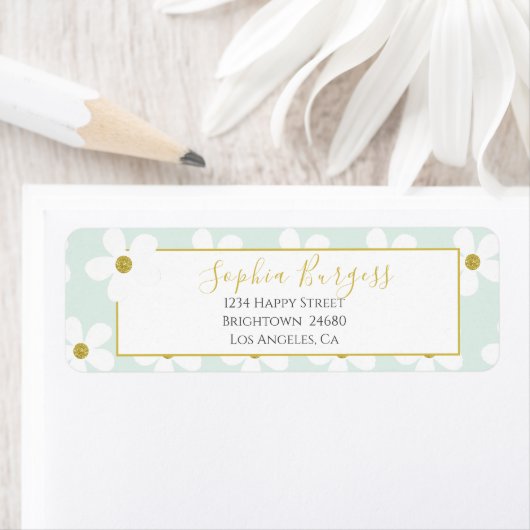 Elegant Green White Floral Simple Daisy Gold Etiket (Insitu)