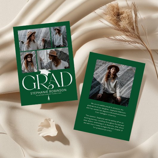 Elegant Green & White Photo Collage Graduation Aankondiging