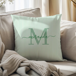 Elegant Green & White Stripes Monogram Name Kussen
