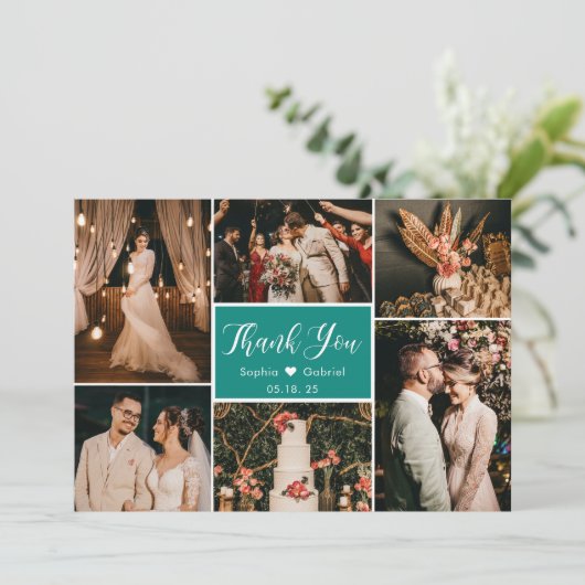 Elegant Green White Wedding Multi Photo Collage Th Bedankkaart (Staand voorkant)