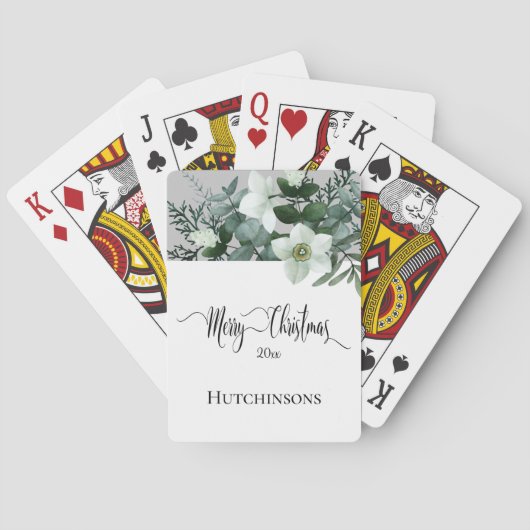 Elegant Green White Winter Floral Merry Kerstmis Pokerkaarten (Achterkant)
