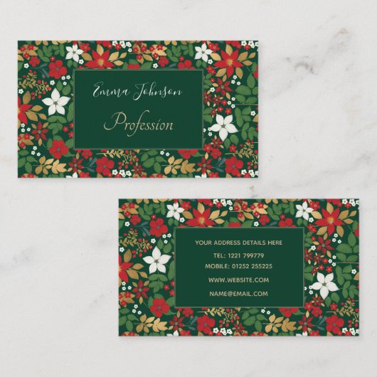 Elegant Green Winter Red White Gold Floral Pattern Visitekaartje (Voorkant / Achterkant)