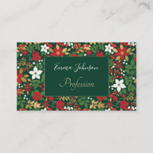 Elegant Green Winter Red White Gold Floral Pattern Visitekaartje