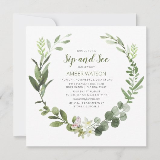 Elegant Green Wreath Sip en zie party Kaart (Voorkant)