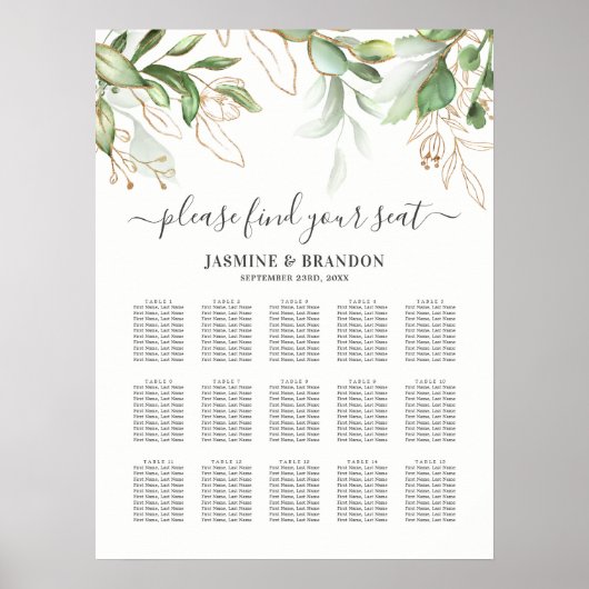 Elegant Greenery 15 Tabel Wedding Seating Chart Poster (Voorkant)